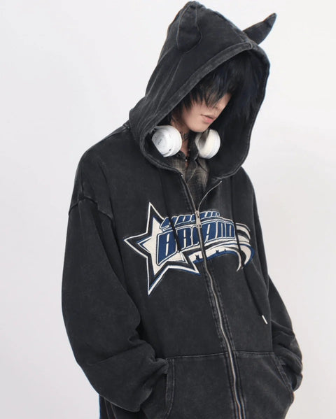 VINTAGE WASHED DEVIL HORN HOODIE JACKET st1886