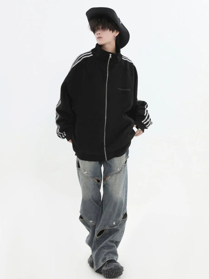 [INSstudios] STRIPED CASUAL ZIPPER JACKET ST1196