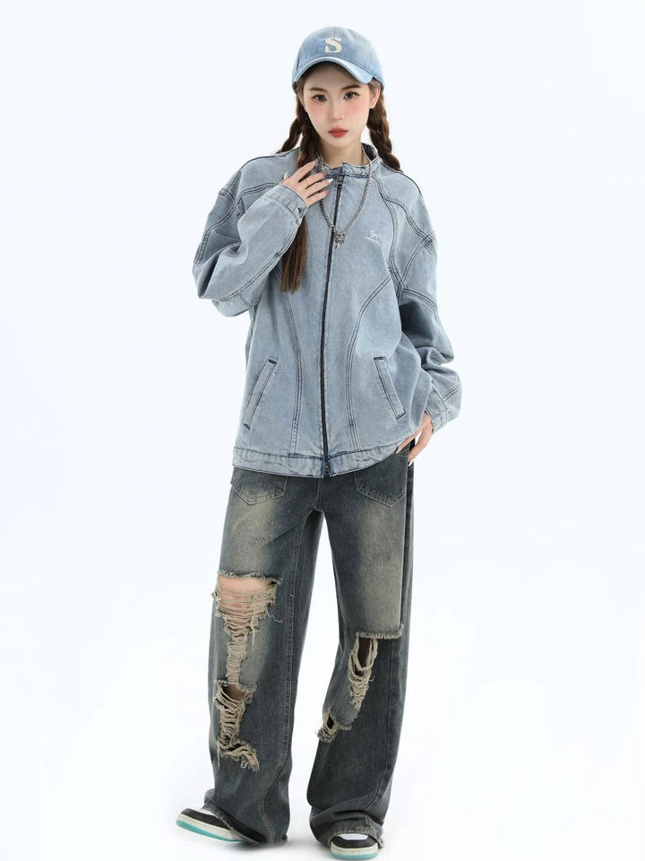 [INSstudios] WASHED DENIM JACKET ZIPPER ST1064