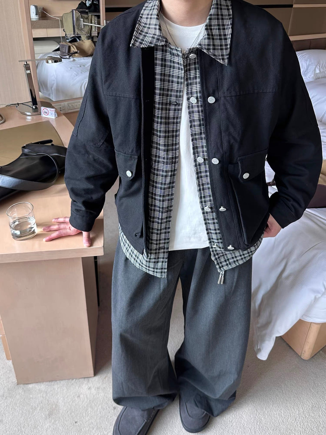 [OV] PLAID LAYERED WORK JACKET st5049