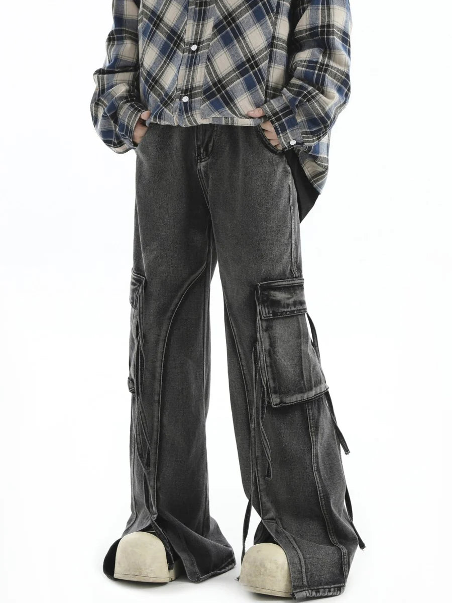 [INSstudios] MULTI-POCKET LOOSE STRAIGHT LONG JEANS ST1210