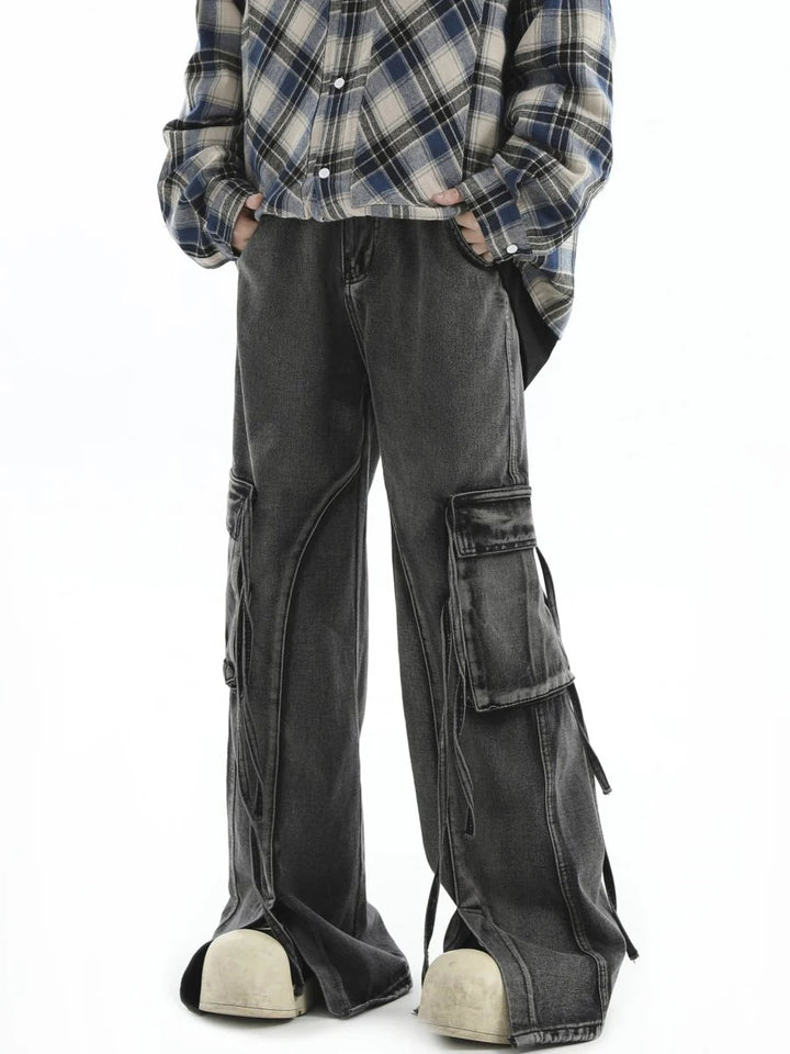 [INSstudios] MULTI-POCKET LOOSE STRAIGHT LONG JEANS ST1210