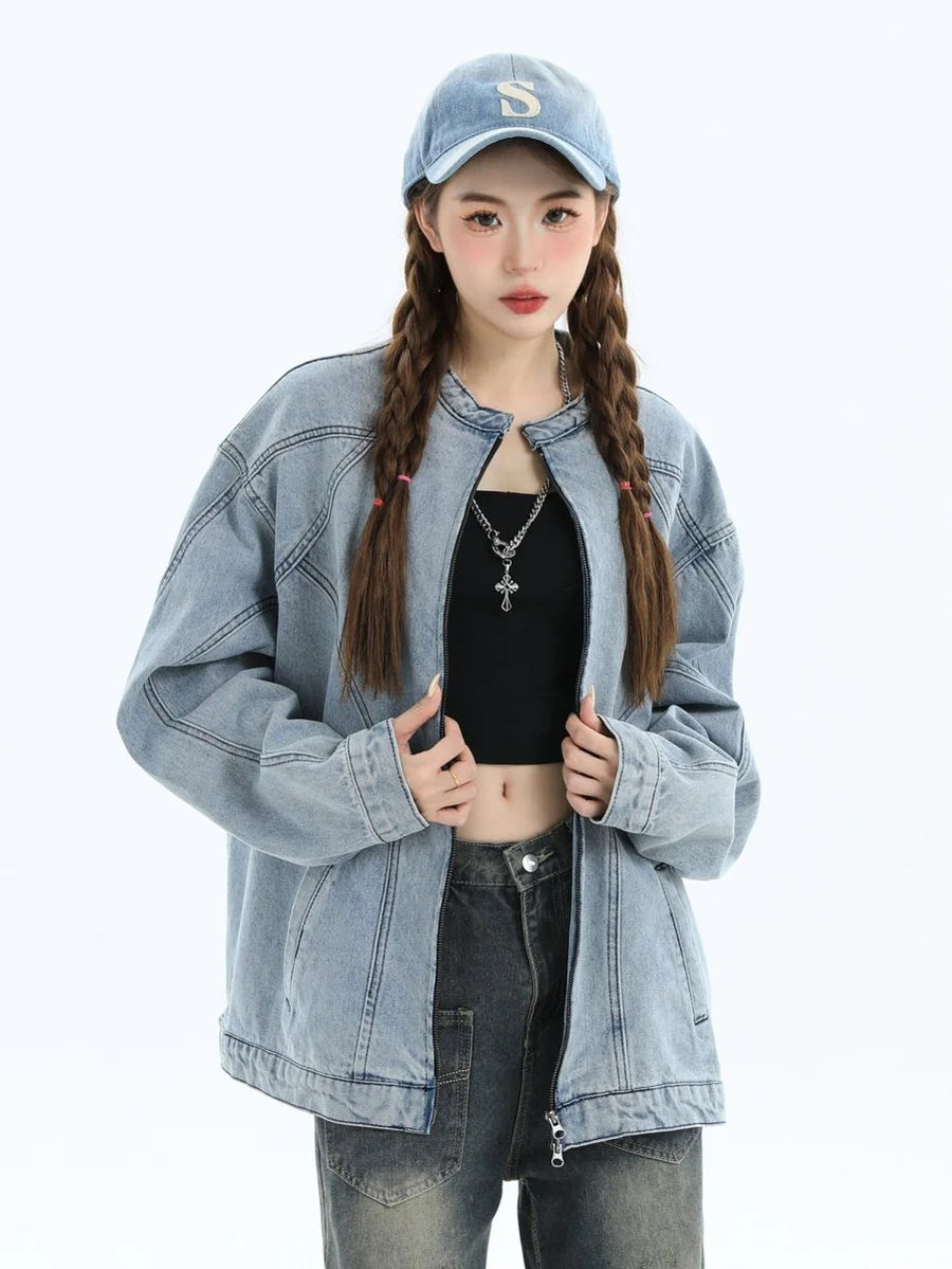 [INSstudios] WASHED DENIM JACKET ZIPPER ST1064