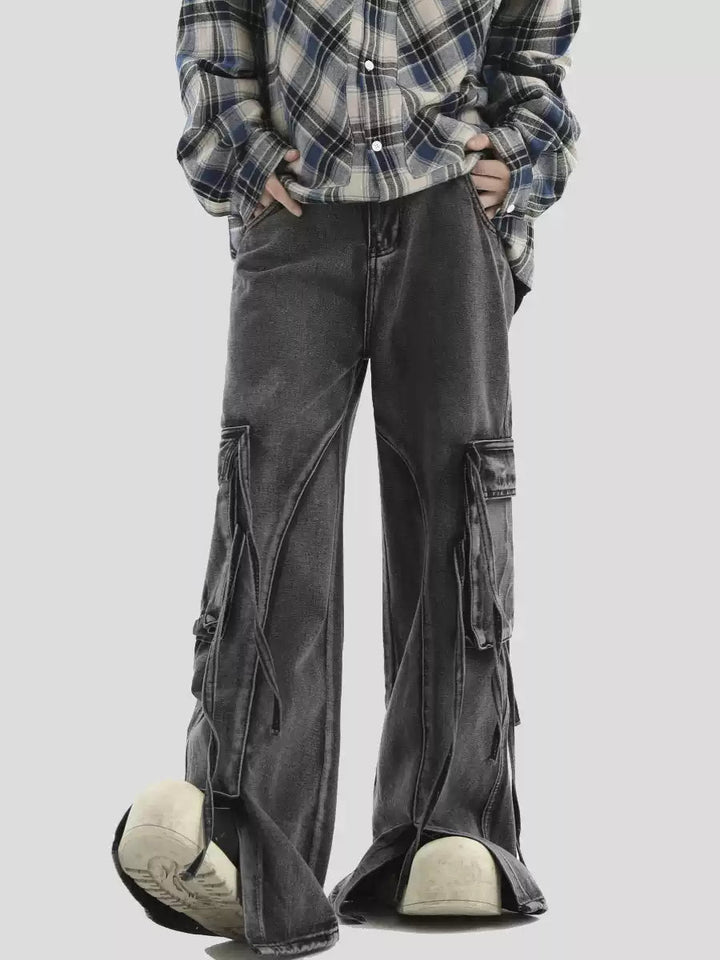 [INSstudios] MULTI-POCKET LOOSE STRAIGHT LONG JEANS ST1210