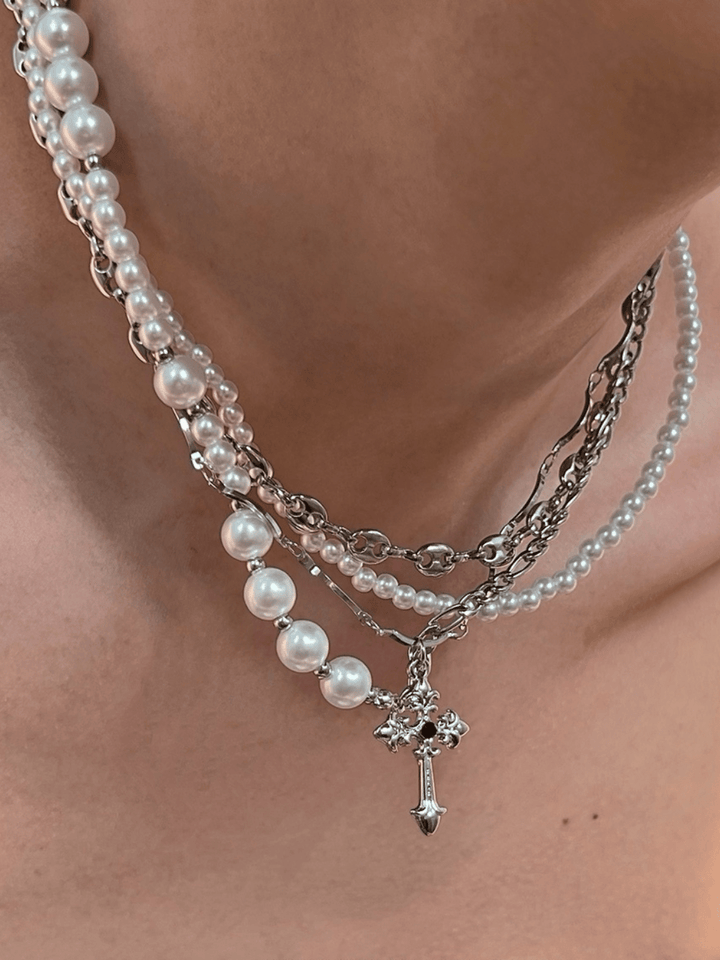 [CHEALIMPID] कैलिफ़ोर्निया क्रॉस मल्टी-लेयर पर्ल नेकलेस st1936