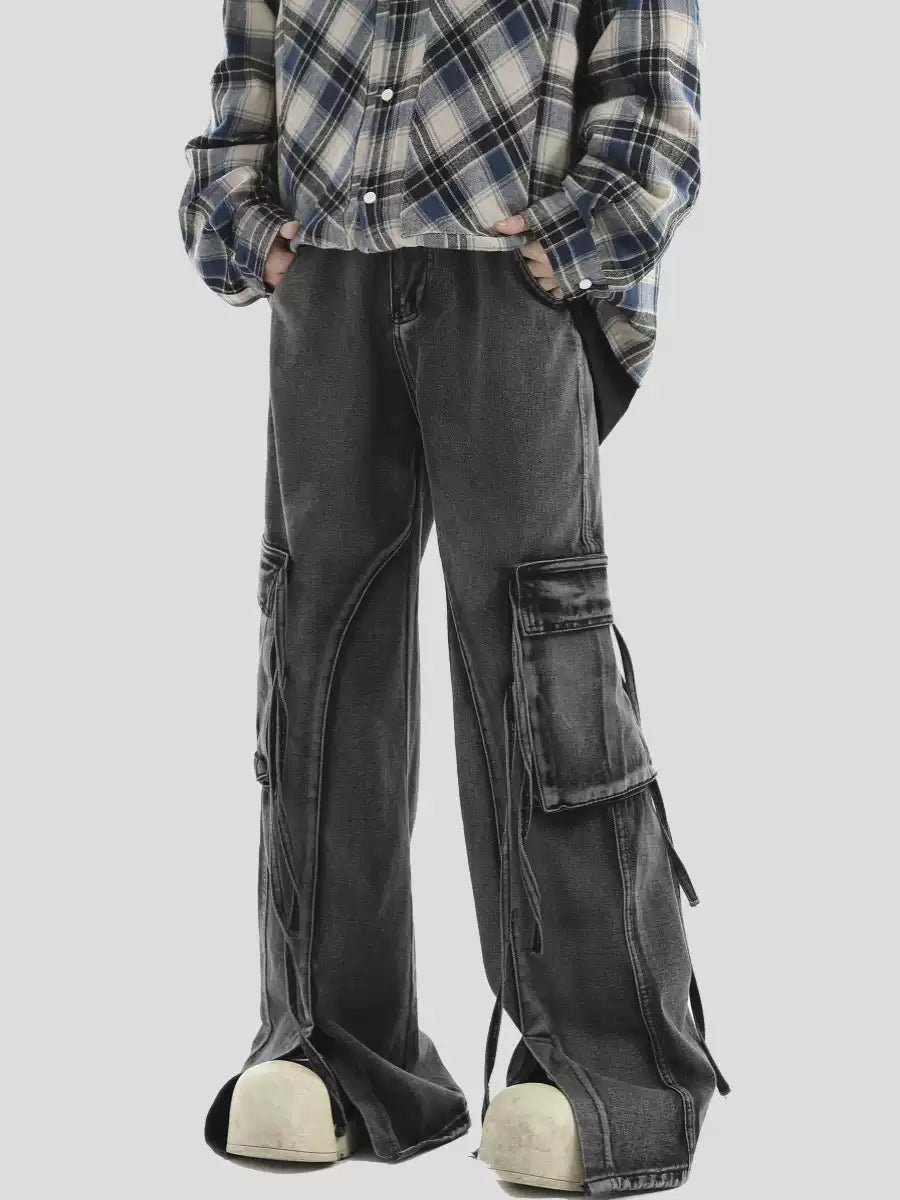 [INSstudios] MULTI-POCKET LOOSE STRAIGHT LONG JEANS ST1210