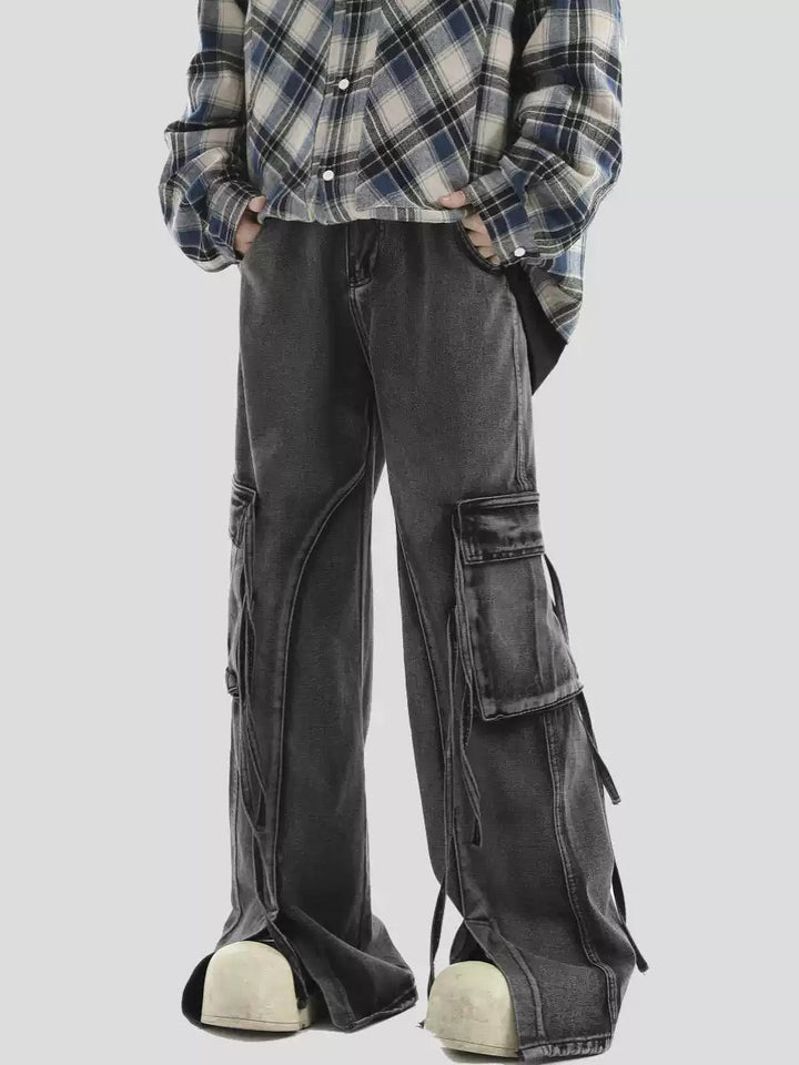 [INSstudios] MULTI-POCKET LOOSE STRAIGHT LONG JEANS ST1210