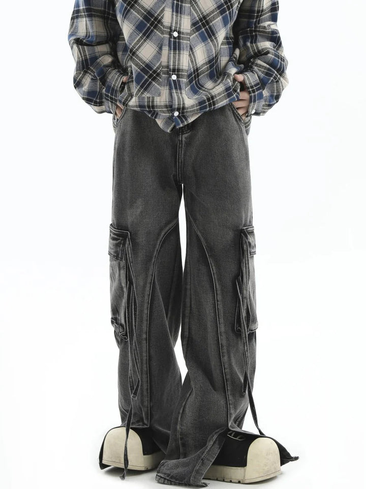 [INSstudios] MULTI-POCKET LOOSE STRAIGHT LONG JEANS ST1210