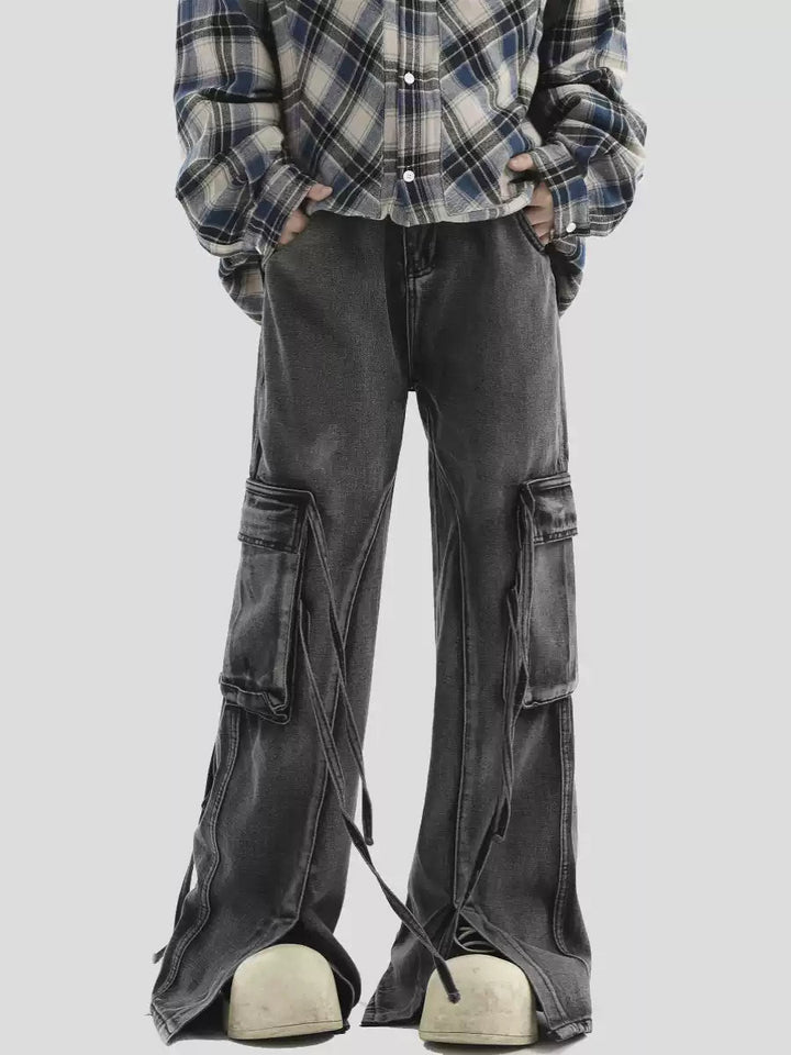 [INSstudios] MULTI-POCKET LOOSE STRAIGHT LONG JEANS ST1210