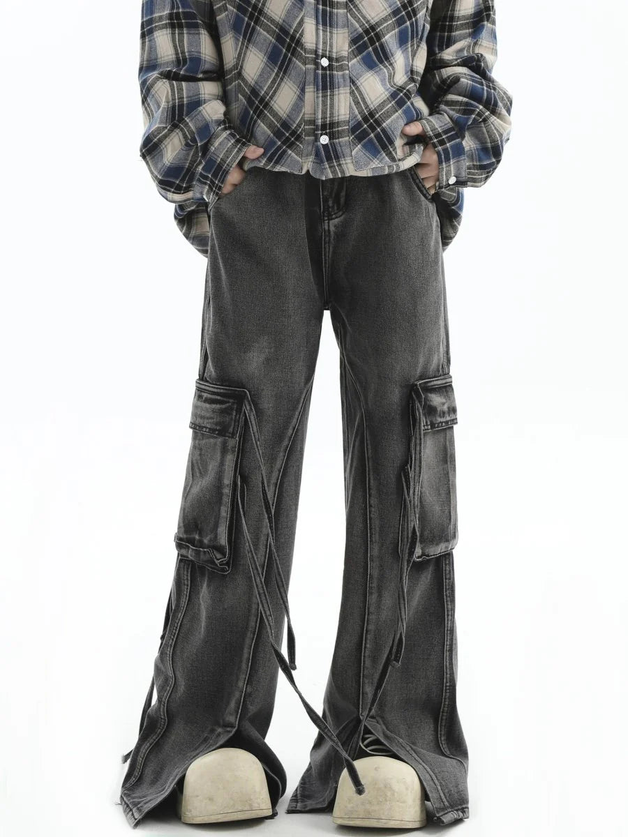 [INSstudios] MULTI-POCKET LOOSE STRAIGHT LONG JEANS ST1210