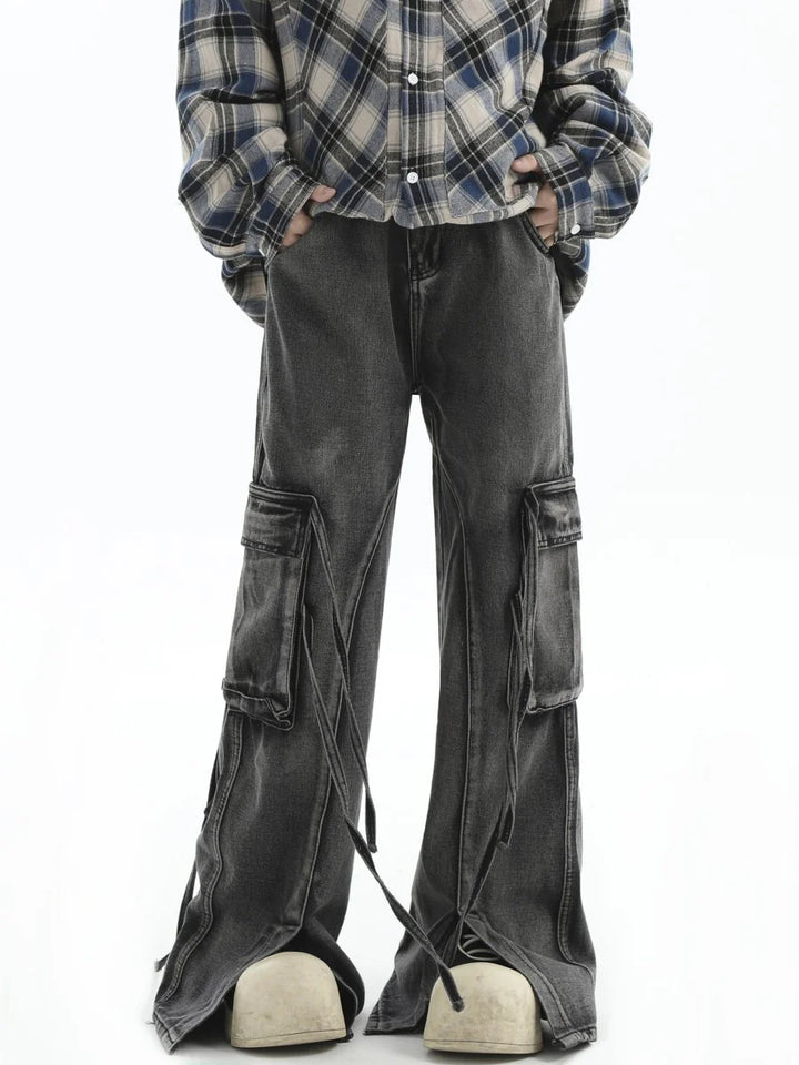 [INSstudios] MULTI-POCKET LOOSE STRAIGHT LONG JEANS ST1210