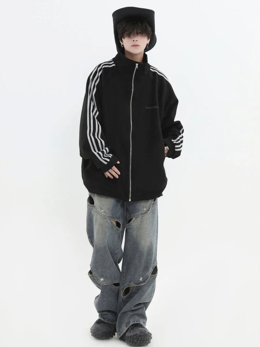 [INSstudios] STRIPED CASUAL ZIPPER JACKET ST1196