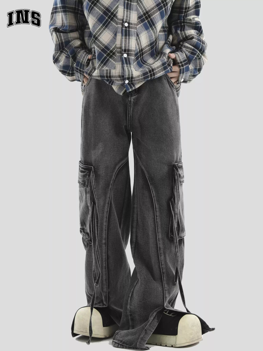 [INSstudios] MULTI-POCKET LOOSE STRAIGHT LONG JEANS ST1210