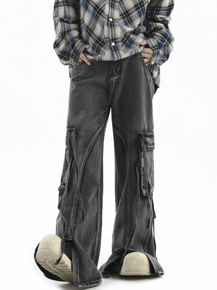 [INSstudios] MULTI-POCKET LOOSE STRAIGHT LONG JEANS ST1210