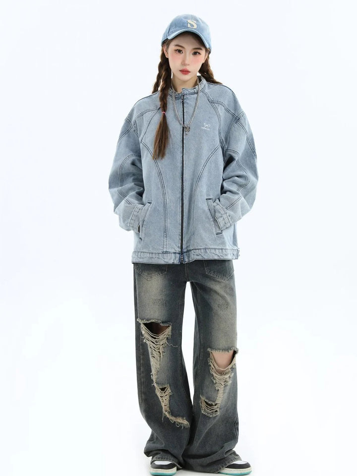 [INSstudios] WASHED DENIM JACKET ZIPPER ST1064