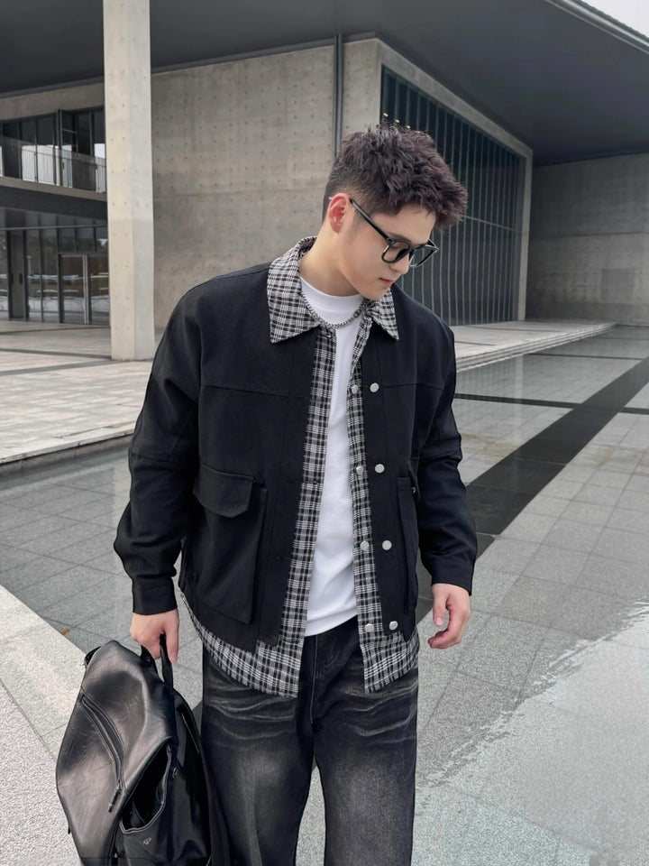 [OV] PLAID LAYERED WORK JACKET st5049