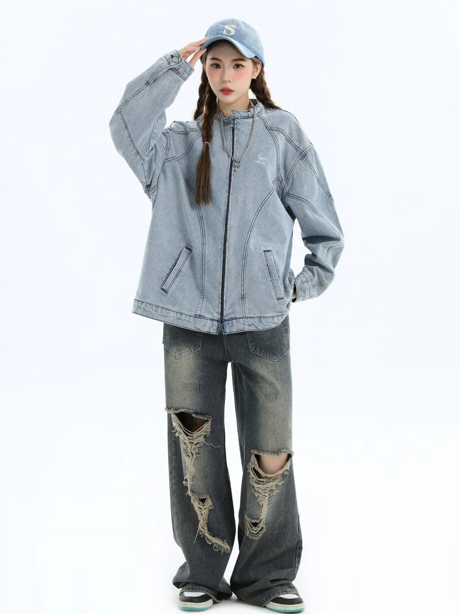 [INSstudios] WASHED DENIM JACKET ZIPPER ST1064
