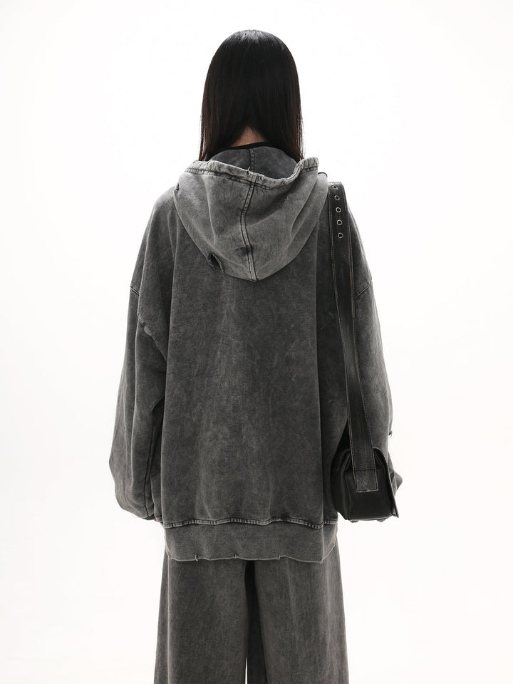 [GIBBYCNA] Damage Zipper Hoodie & Wide-leg Damage Sweatpants st2036