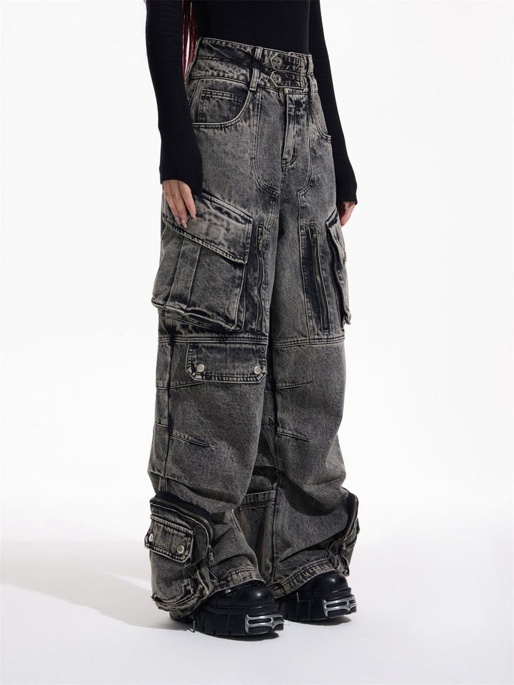 [PEOPLESTYLE] Multi-pocket wide leg casual jeans st2096