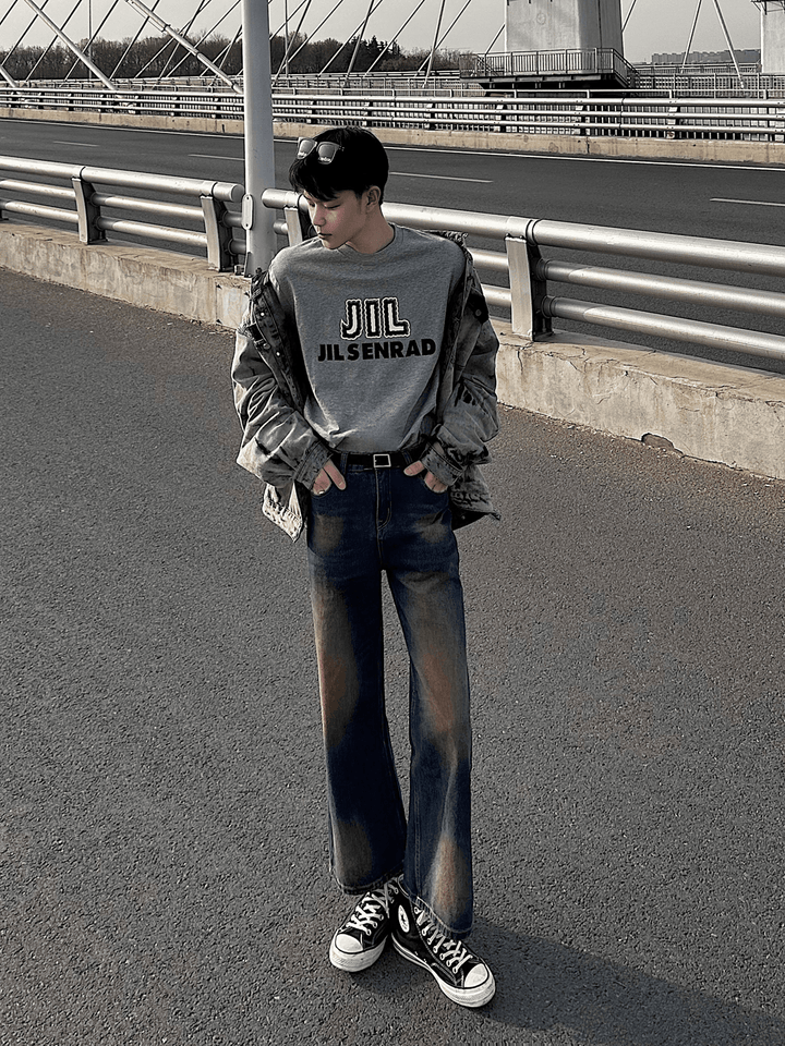 Washed contrast color wide leg jeans st1664