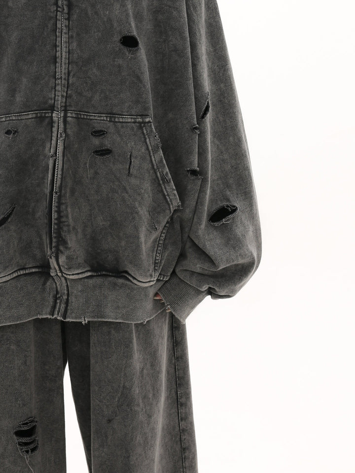[GIBBYCNA] Damage Zipper Hoodie & Wide-leg Damage Sweatpants st2036