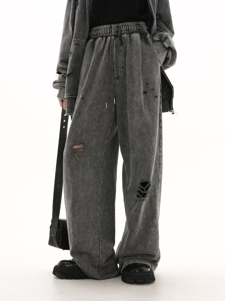 [GIBBYCNA] Damage Zipper Hoodie & Wide-leg Damage Sweatpants st2036