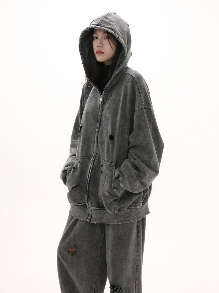 [GIBBYCNA] Damage Zipper Hoodie & Wide-leg Damage Sweatpants st2036