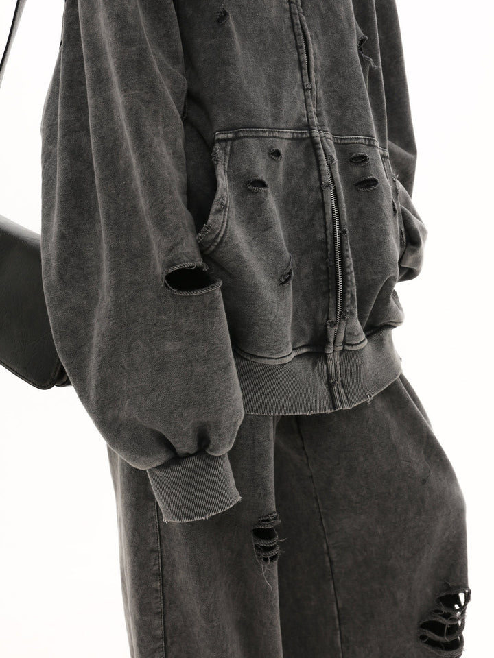 [GIBBYCNA] Damage Zipper Hoodie & Wide-leg Damage Sweatpants st2036