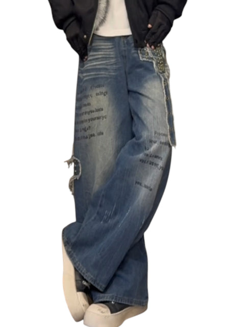SABER-CUT PATCHED STUDDED WIDE-LEG JEANS TT065