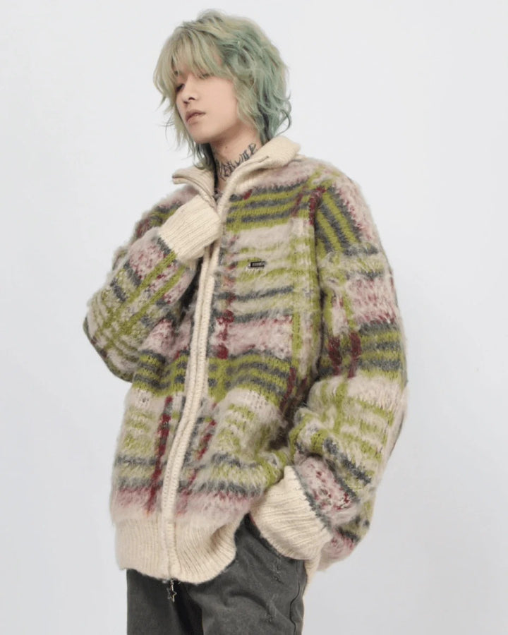 [Mz] striped zipper cardigan sweater knit ST1884