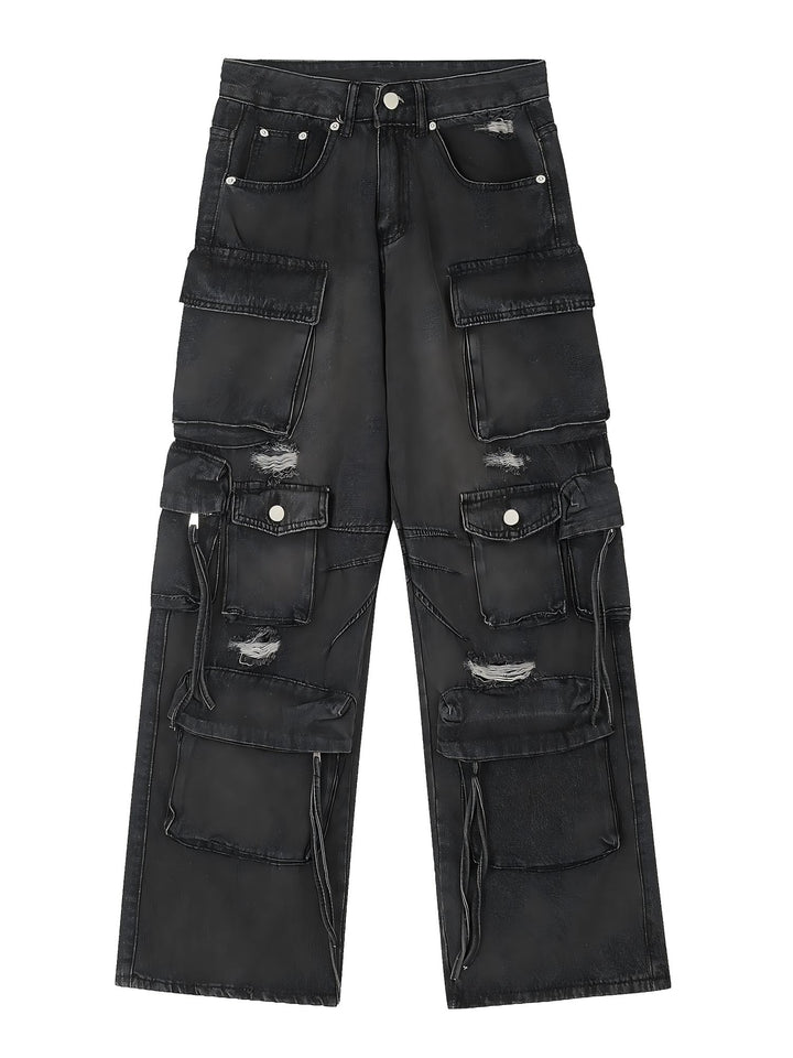 HEAVY-DUTY DISTRESSED MULTI-POCKET CARGO JEANS ST5215
