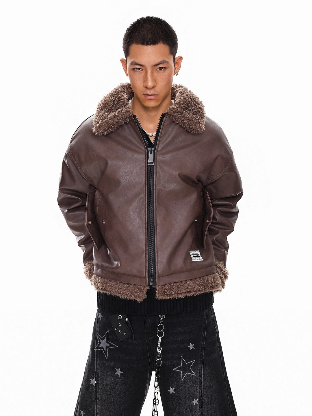 FAUX LEATHER SHEARLING-COLLAR JACKET ST5071