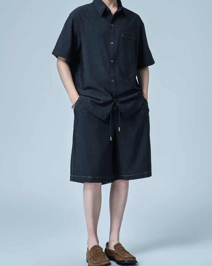 LIGHTWEIGHT COLLAR SHIRT AND SOFT DENIM SHORTS SET MT569