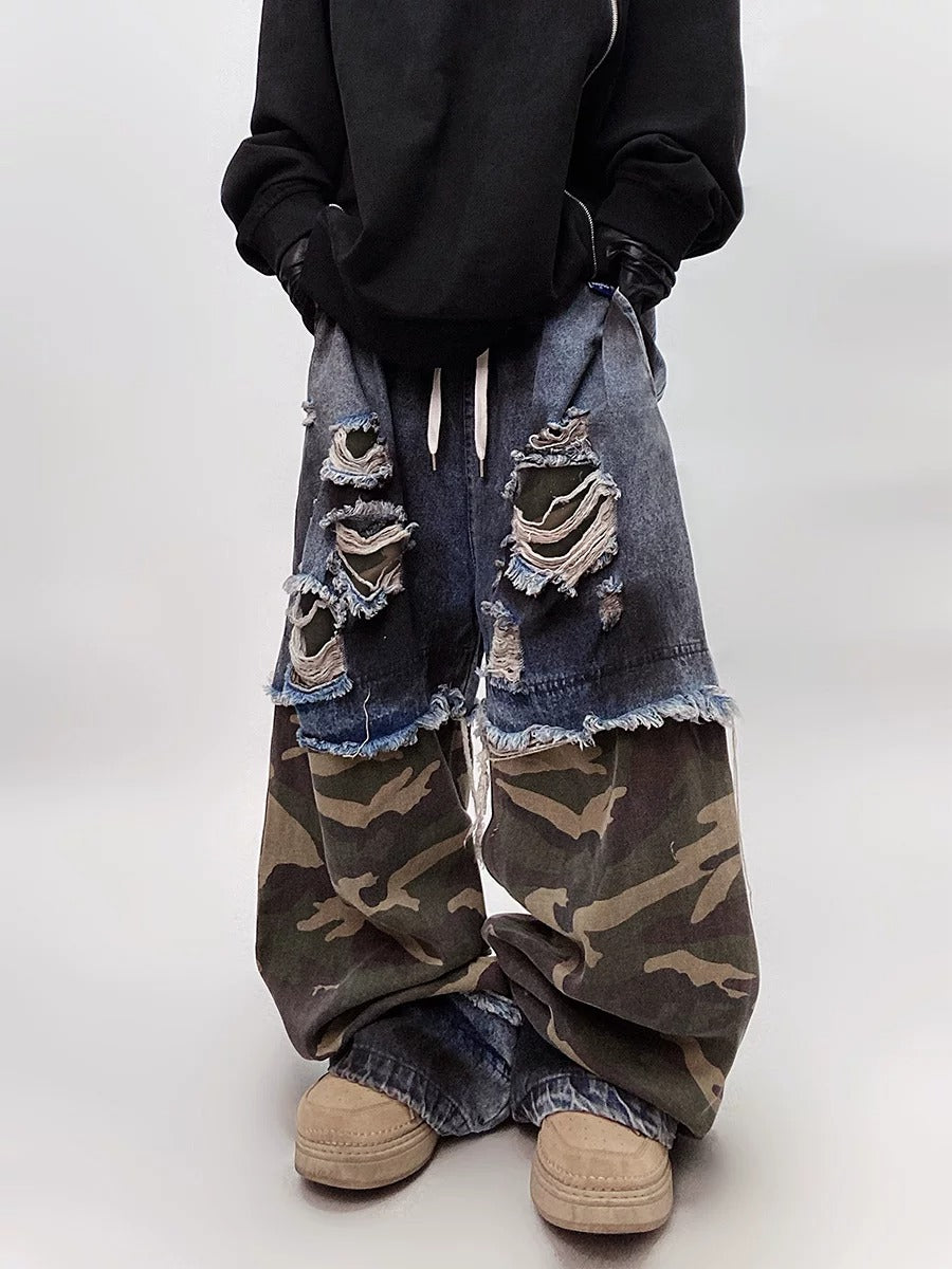VINTAGE CAMO DISTRESSED WIDE-LEG JEANS ST5214
