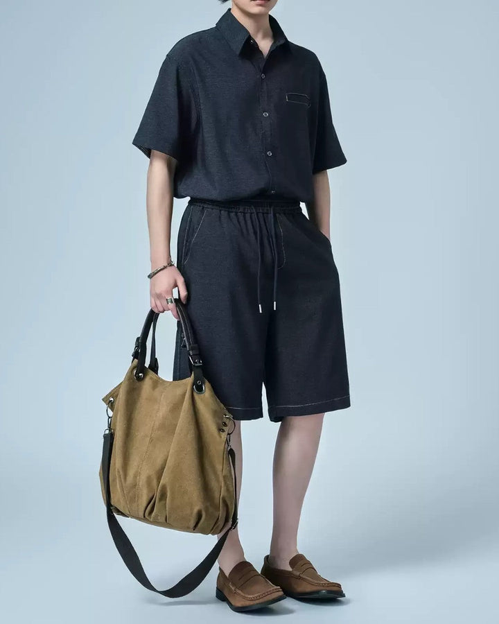 LIGHTWEIGHT COLLAR SHIRT AND SOFT DENIM SHORTS SET MT569