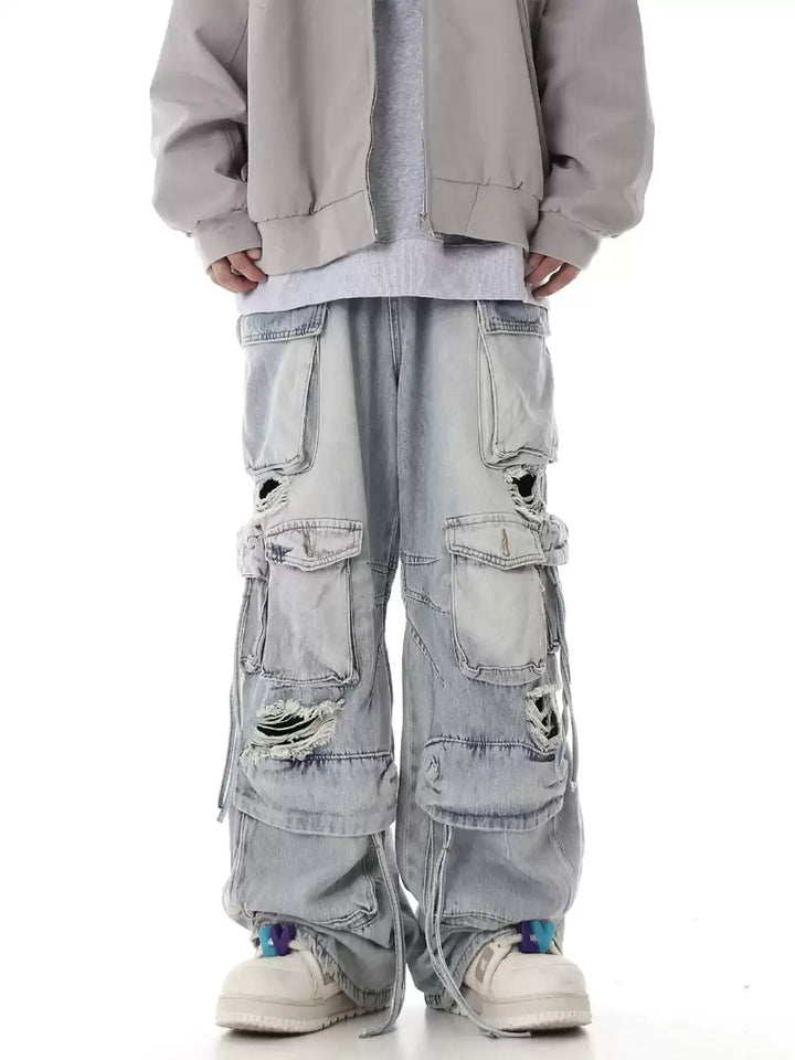 HEAVY-DUTY DISTRESSED MULTI-POCKET CARGO JEANS ST5215