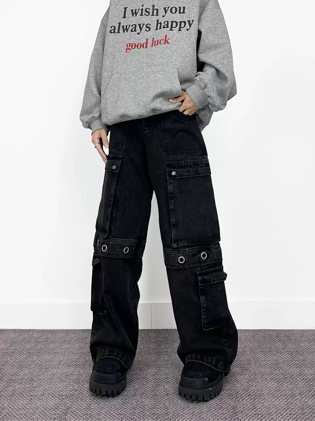 WASHED WIDE-LEG CARGO JEANS ST5216