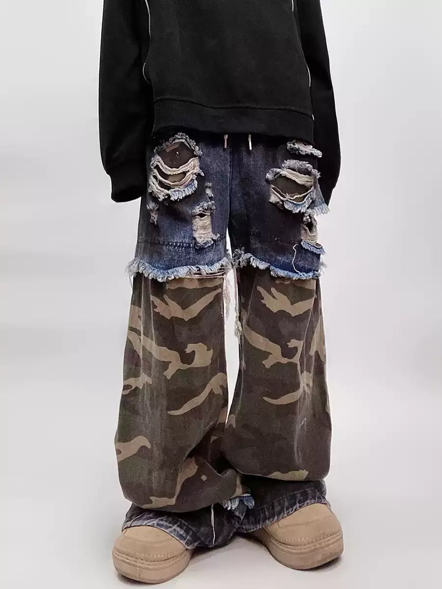 VINTAGE CAMO DISTRESSED WIDE-LEG JEANS ST5214