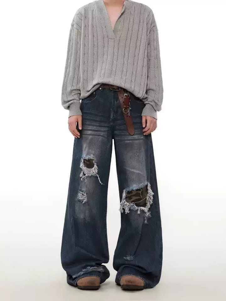 VINTAGE LOOSE PATCHED DISTRESSED WIDE-LEG JEANS ST5217