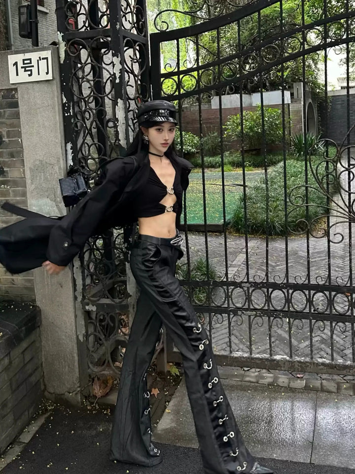 PANELLED FAUX LEATHER DRAPE FLARED TROUSERS ST5202