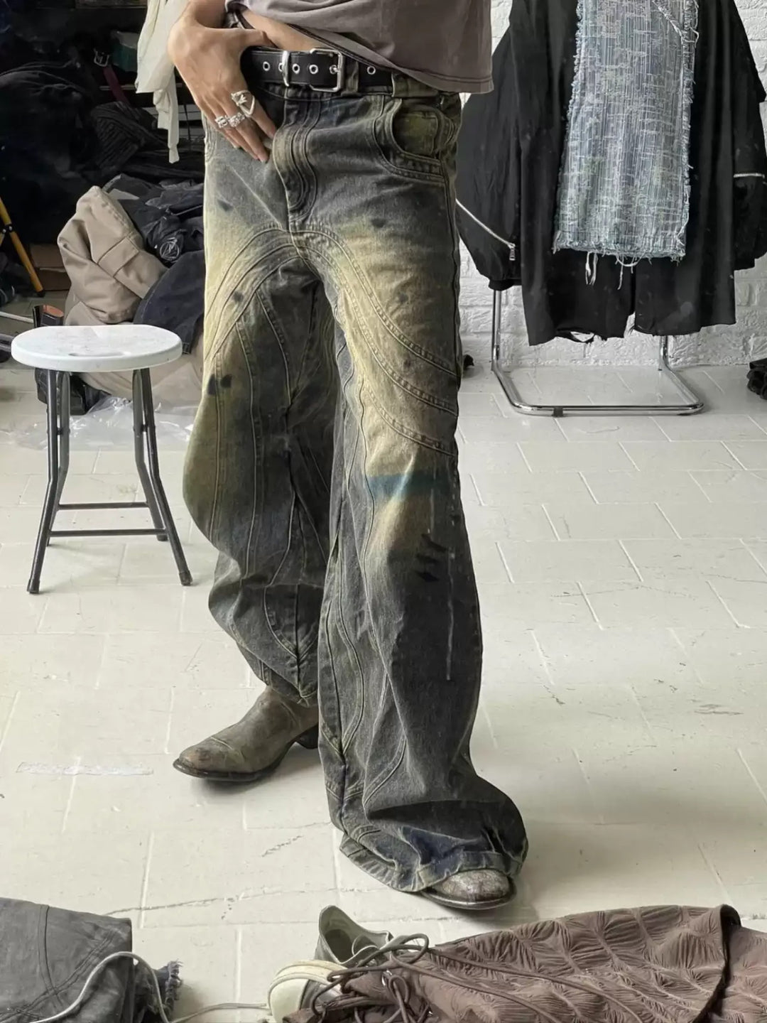 VINTAGE SPLATTER PANELLED FLARE JEANS ST5162
