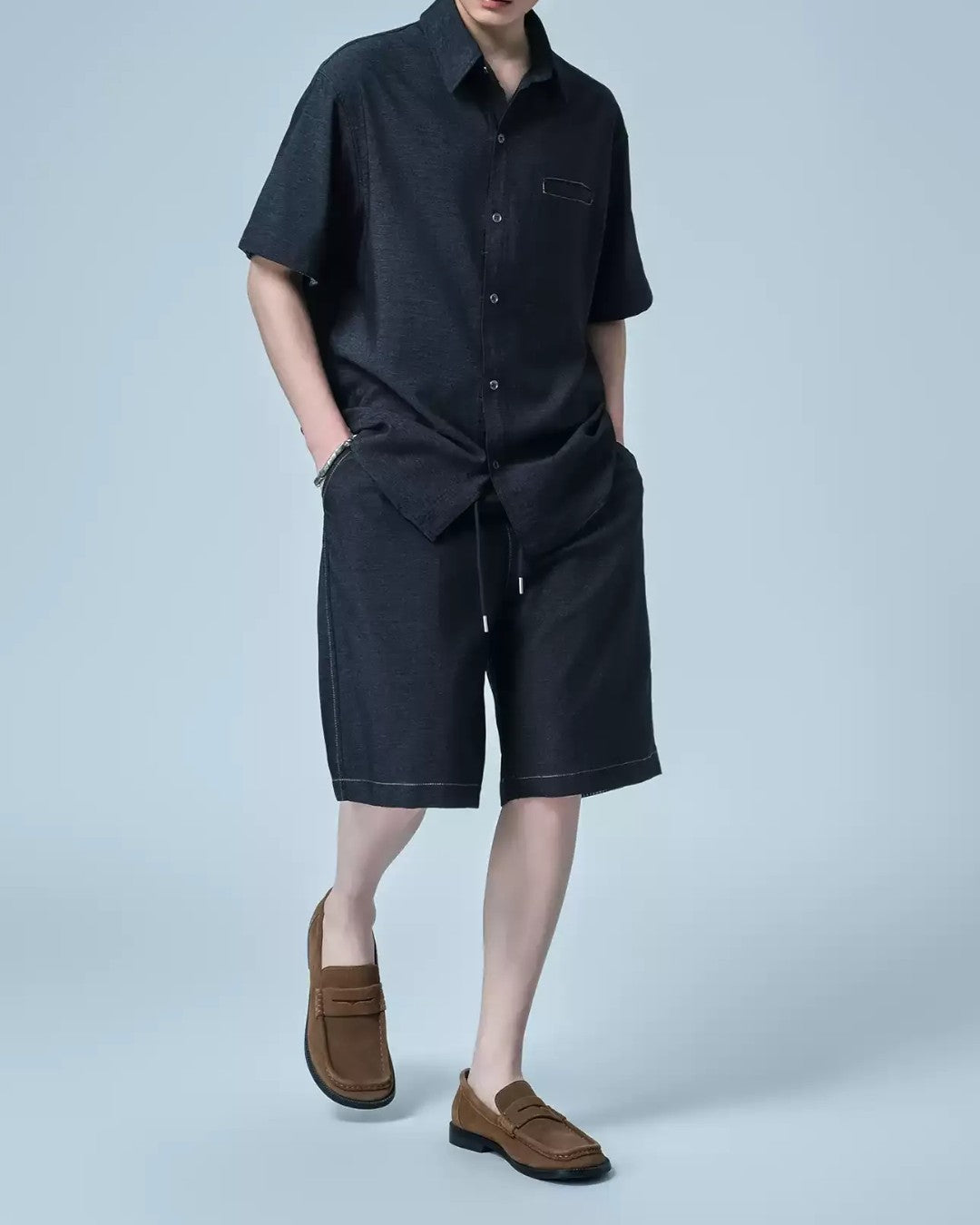 LIGHTWEIGHT COLLAR SHIRT AND SOFT DENIM SHORTS SET MT569