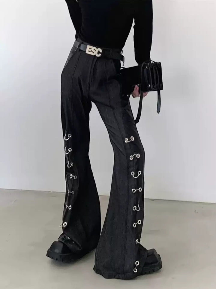 PANELLED FAUX LEATHER DRAPE FLARED TROUSERS ST5202
