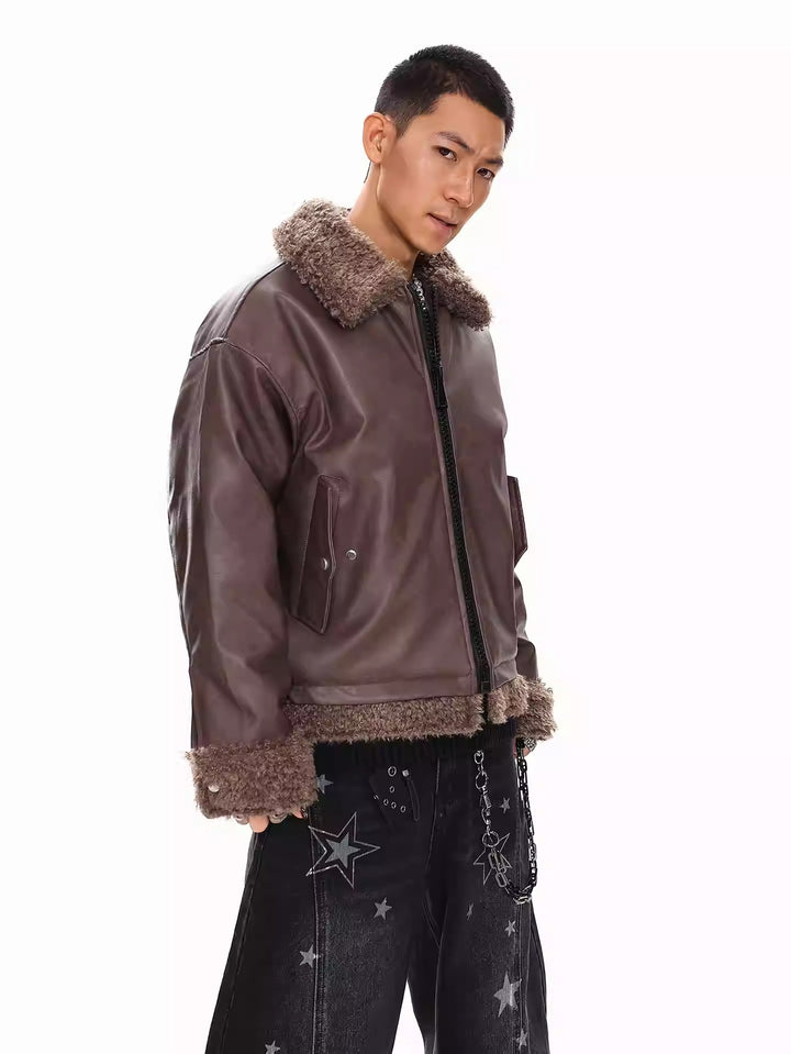 FAUX LEATHER SHEARLING-COLLAR JACKET ST5071
