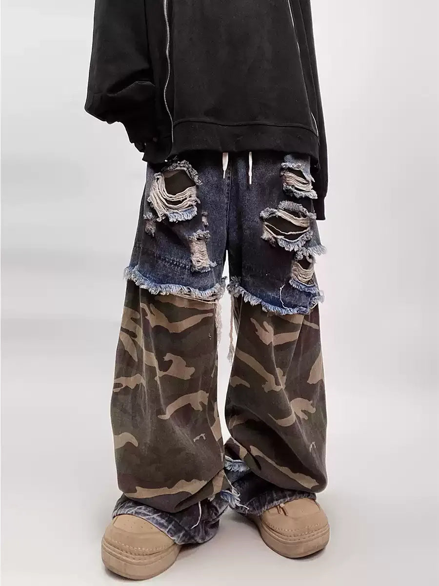 VINTAGE CAMO DISTRESSED WIDE-LEG JEANS ST5214