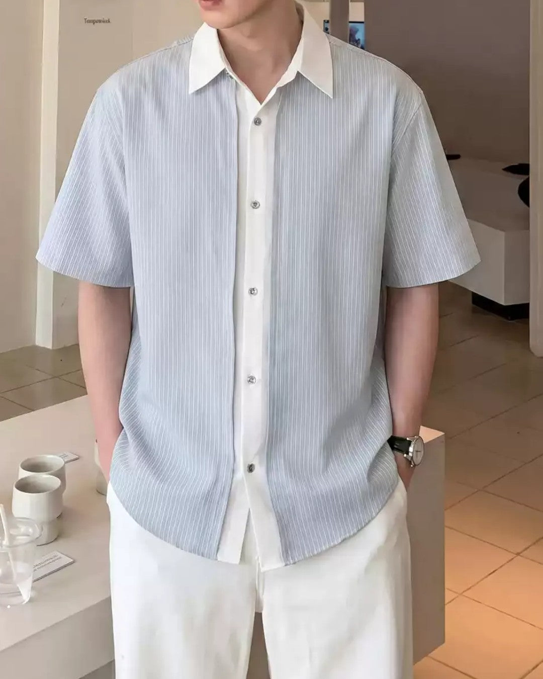 PINSTRIPE FAKE-LAYER PANELLED SHORT SLEEVE SHIRT MT561