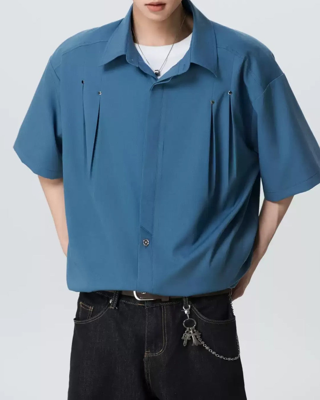STUDDED RUCHED LOOSE COLLAR SHORT SLEEVE SHIRT MT555
