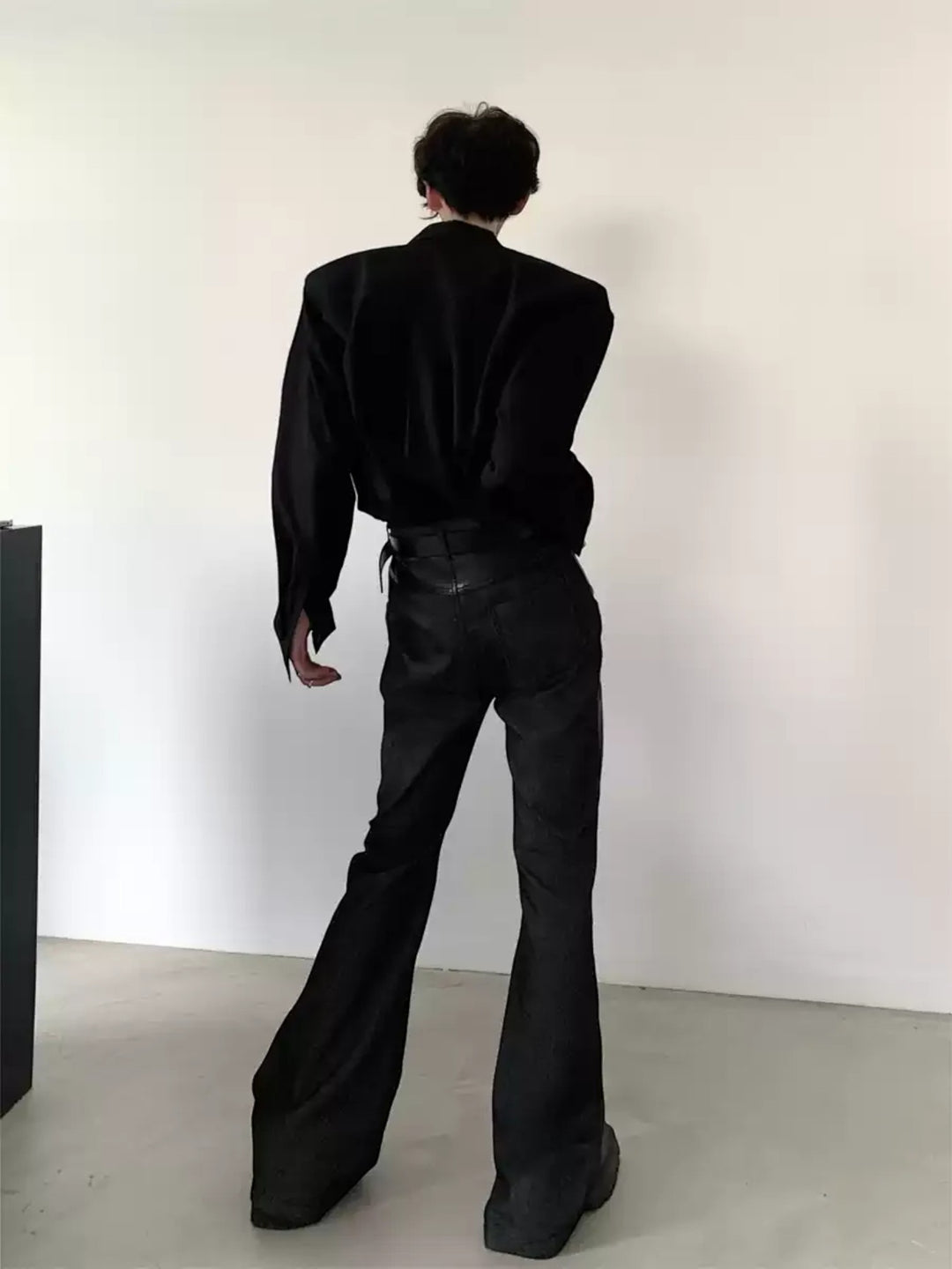 PANELLED FAUX LEATHER DRAPE FLARED TROUSERS ST5202