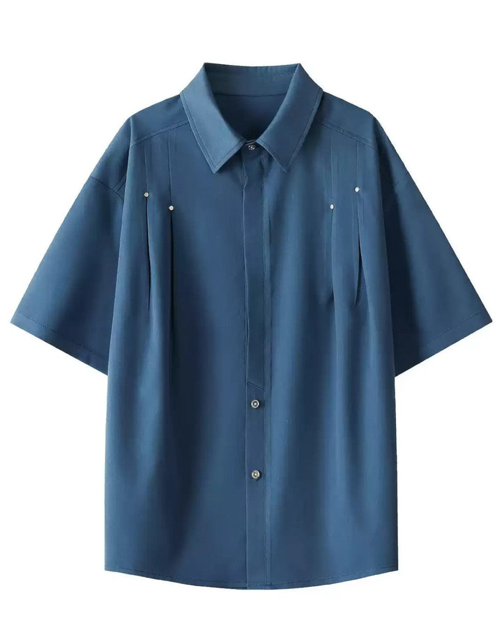 STUDDED RUCHED LOOSE COLLAR SHORT SLEEVE SHIRT MT555