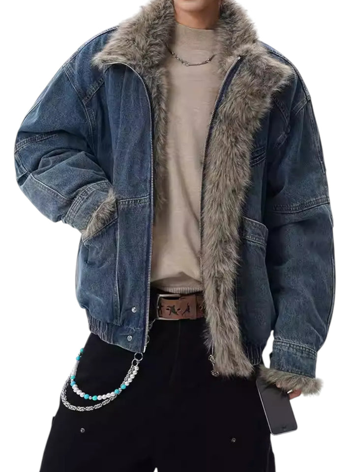 DECONSTRUCTED WASHED DENIM FUR-TRIM JACKET TT082